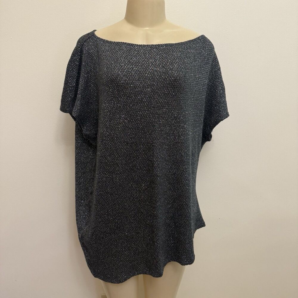 Stella & Dot Metallic Shimmer Top 1X Black Silver Short Sleeve Boat Neck Dolman
